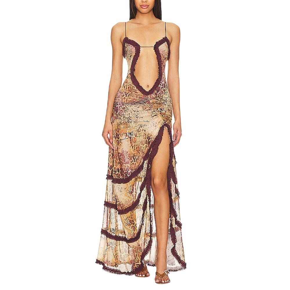 Jaded London Beige and Burgundy Sheer Cutout Maxi Dress